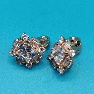 TJG Gold Tone Square Baguette Rhinestone Clip On Earrings